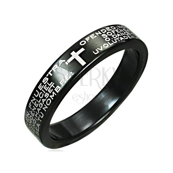Ring aus Edelstahl - schwarz mit Gebet und Kreuz