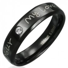 Schwarzer Stahl Ring mit Liebesgeständnis und klarem Stein