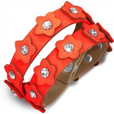 Orange Armband aus Leder - Streifen mit Blümchen und Zirkonia