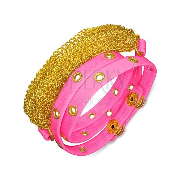 Wickelarmband aus Leder - pink Riemchen mit Löchern, Ketten in Gold