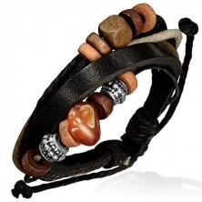 Multiarmband aus Leder - Stein, schwarzer Streifen, Bänder, Perlen