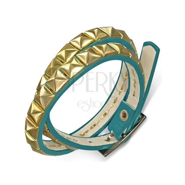 Zweifacharmband aus Kunstleder - blauer Gürtel mit goldenen Pyramiden