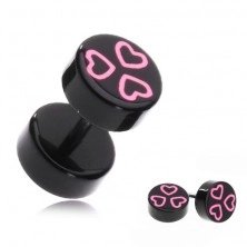 Acryl Piercing - Fake Plug mit schwarzen Aufsätzen und pink Herzen