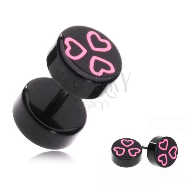 Acryl Piercing - Fake Plug mit schwarzen Aufsätzen und pink Herzen