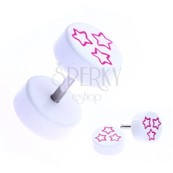Falscher Ohr Plug Acryl - pink Sterne auf weißen Scheiben