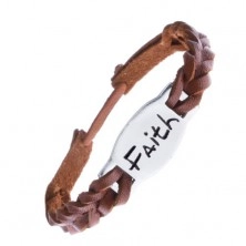 Schmales Armband aus Leder verflochten - braun, Platte "FAITH"