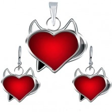 Silber Schmuckset Ohrringe und Anhänger - rotes Herz mit Hörnern
