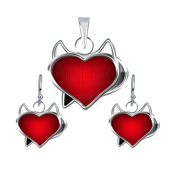 Silber Schmuckset Ohrringe und Anhänger - rotes Herz mit Hörnern