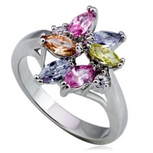 Glänzender Metallring - Blume, farbige Zirkonia - rund und Form von Tränen