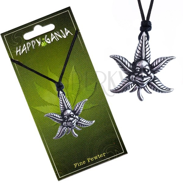 Halskette, schwarzes Band, ein lächelndes Hanfblatt aus Metall