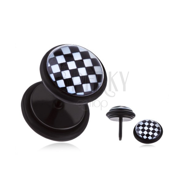 Fake Plug, rund, aus Stahl, schwarz-weißes Schachbrett, Glasur