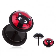 Fake Plug aus Stahl - sitzendes schwarze Kätzchen, rote Unterlage