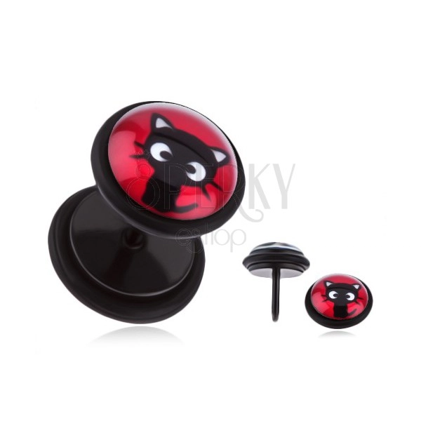 Fake Plug aus Stahl - sitzendes schwarze Kätzchen, rote Unterlage