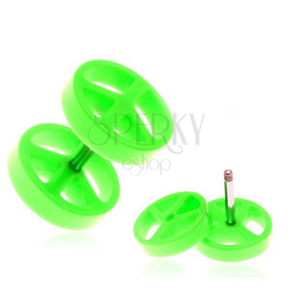 Acryl Fake Plug - grün, Symbol "peace"