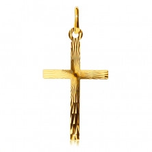 14K Gold Anhänger - großes lateinisches Kreuz, Strahlen, Riefelung