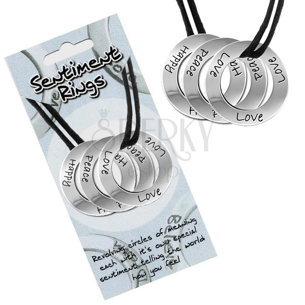 Schwarzer Halsband mit drei Ringen "Love, Peace, Happy"