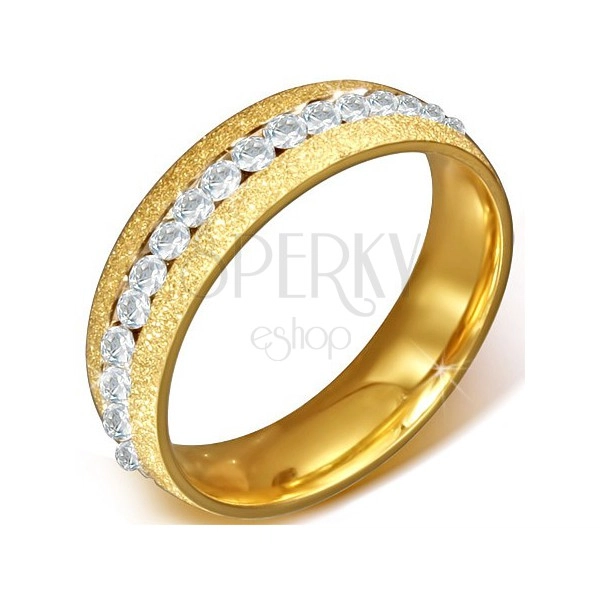 Stählerner Ring - goldener versandeter Ehering, rundliche klare Zirkone