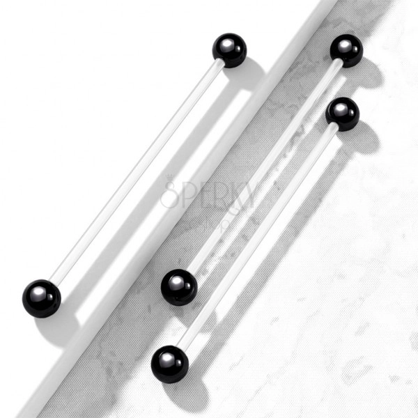 Flexibles Körper Piercing - transparente Hantel mit glänzenden Kugeln in schwarzer Farbe