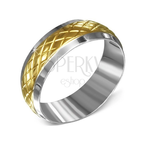 Ring aus Edelstahl - silbern mit einem goldenen rautenartigen Streifen