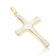 14K Goldanhänger - glanzloses lateinisches Kreuz in Weißgold, glänzende Ränder