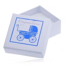 Weiße Geschenkschachtel mit einem blauen Kinderwagen