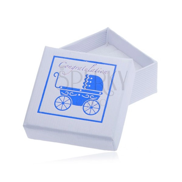 Weiße Geschenkschachtel mit einem blauen Kinderwagen