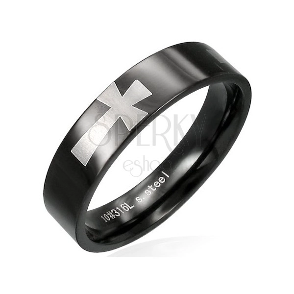 Ring aus Chirurgenstahl in schwarzer Farbe mit glänzendem silbernem Kreuz