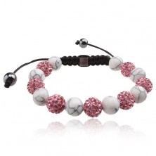 Shamballa Armband, rosa Zirkonia und weiße marmorierte Perlen