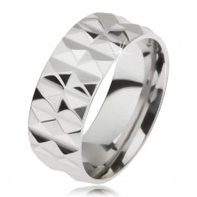 Glitzernder Stahlring in silberner Farbe mit Diamantenschnitt, zwei Reihen