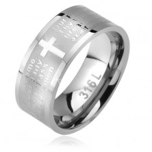 Ring aus Stahl, stumpfer Streifen mit glänzendem Kreuz und Gebet - Im Namen Gottes