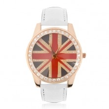 Stahluhr in goldenrosa, brittische Flagge, weißes Armband