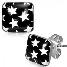 Ohrringe aus Stahl - schwarze Vierecke mit weißen Sternen