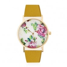 Analoguhr - Zifferblatt mit Rosenblumen und Zirkonia, weißes Armband