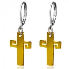 Stahlohrringe in goldener Farbe, Kreuz mit griechischem Schlüßel