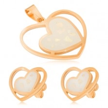 Set aus Stahl in goldener Farbe - Ohrringe und Anhänger, cremeweiße Herzen