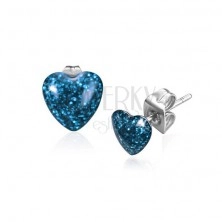 Stahl Ohrringe, symmetrisches funkelndes Herz in blau