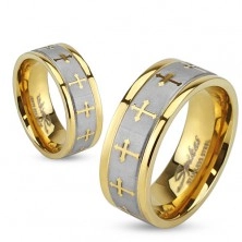 Ring aus Stahl in gold Farbe, silber Satinstreifen, Klee Kreuze