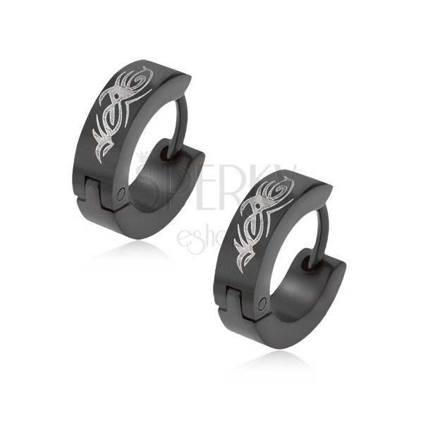 Stahl Ohrringe, glänzend schwarze Kreise, silber Ornament