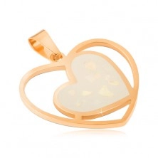 Stahl Anhänger in goldener Farbe, weißes perlmuttfarbenes Herz in einer Herzumrandung