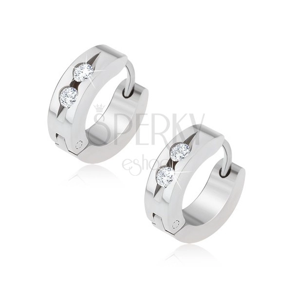 Kreisförmige Stahl Ohrringe, Rille mit zwei klaren Steinen