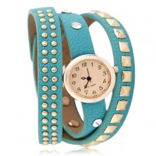 Armbanduhr, blaugrüner genieteter Riemen, orangegelbes Zifferblatt, Zirkonia