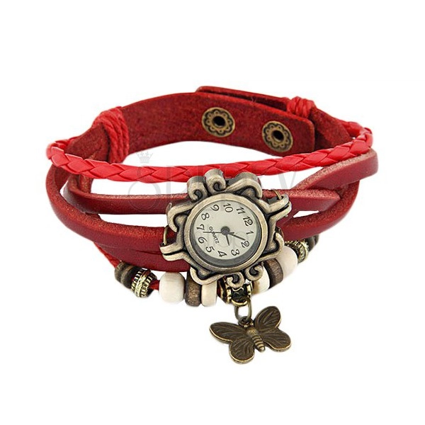 Armbanduhr, schmückend ausgeschnitten, roter Flechtriemen, Perlen