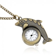 Uhr auf einer Kette in stumpfer goldener Farbe, Delphin