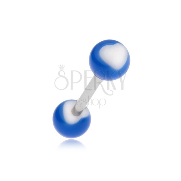 Zungenpiercing - blaue Kugel mit weißem Herz