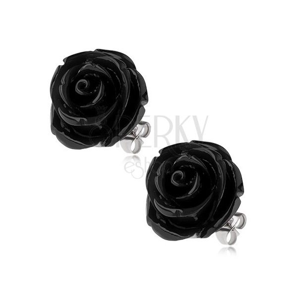 Stahlohrringe, schwarze Harz Rosenblume, Ohrstecker, 20 mm