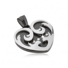 Edelstahlanhänger, Herz mit Ornamenten in schwarzer und silberner Farbe, Zirkone