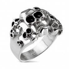 316L Stahl Ring in silberner Farbe - zehn Schädel mit Glasur in schwarzer Farbe