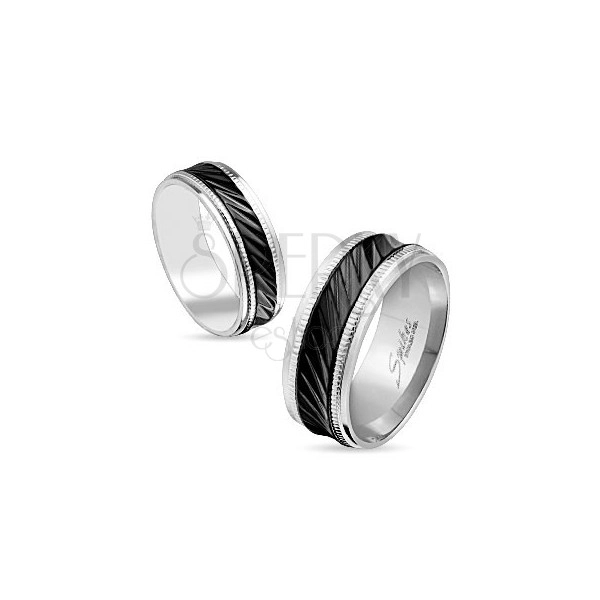 Edelstahlring in silberner Farbe, schwarzer Streifen mit schrägen Rillen,Kerben, 8 mm