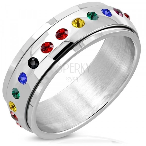 Glänzender Stahl Ring - drehbare Mitte, Zirkone in Regenbogenfarben