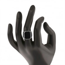 Ring aus 925 Silber, schwarze Streifen auf den Armen, Rechteck mit schwarzer Emaille